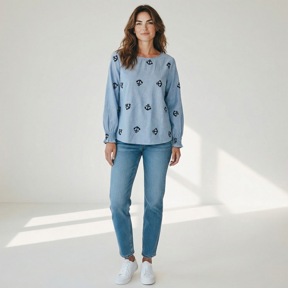 Anneliese Women Blue Chambray Anchor Embroidered Blouse Smocked Ruffle Cuff‎ L